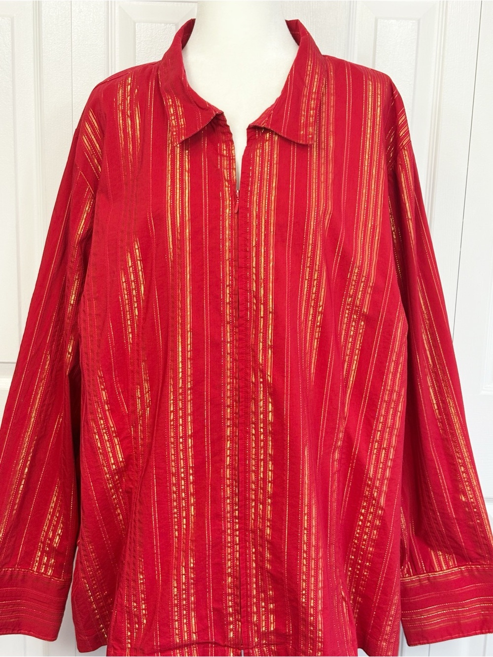 Liz & Me Red Gold Metallic Stripe Print Long Sleeve Zip Front Blouse 4X